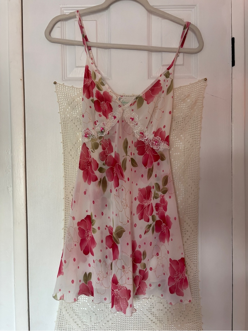 Floral Lace-Trim Sequin Detail Chemise Slip - Pink
